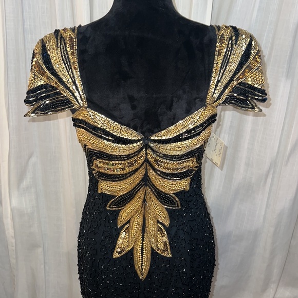 BLACK TIE black & gold beaded formal gown vintage womens dress zipper back NWT 8 - Picture 3 of 17